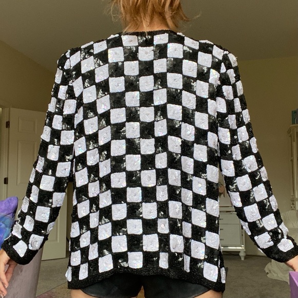 Vtg BW Chess Checkered Sequin Jacket Cardigan - Picture 6 of 11